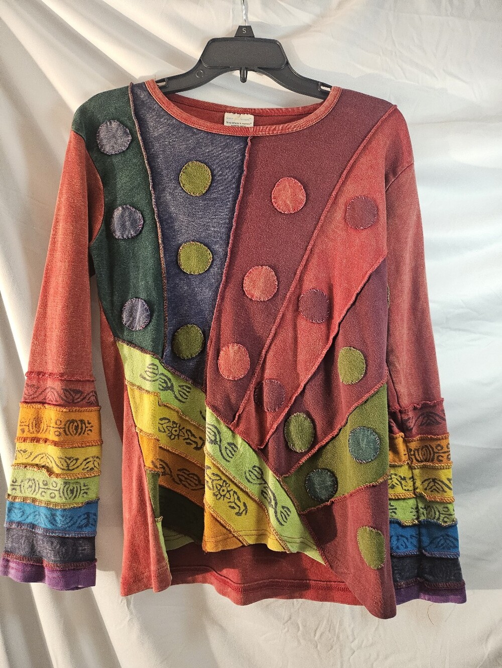Greater Good Network S/M Women's Patchwork Long Sleeve Shirt Colorful Boho
